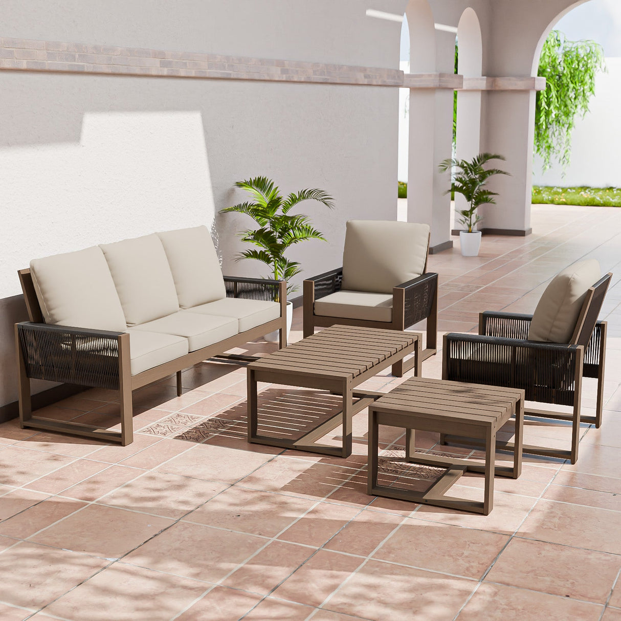 Natural Wood Outdoor Patio Furniture Set, Sofa 2 Patio Chairs, Coffee Table and Side Table, 5 pcs - Eagle Peak Custom Canopy Tent