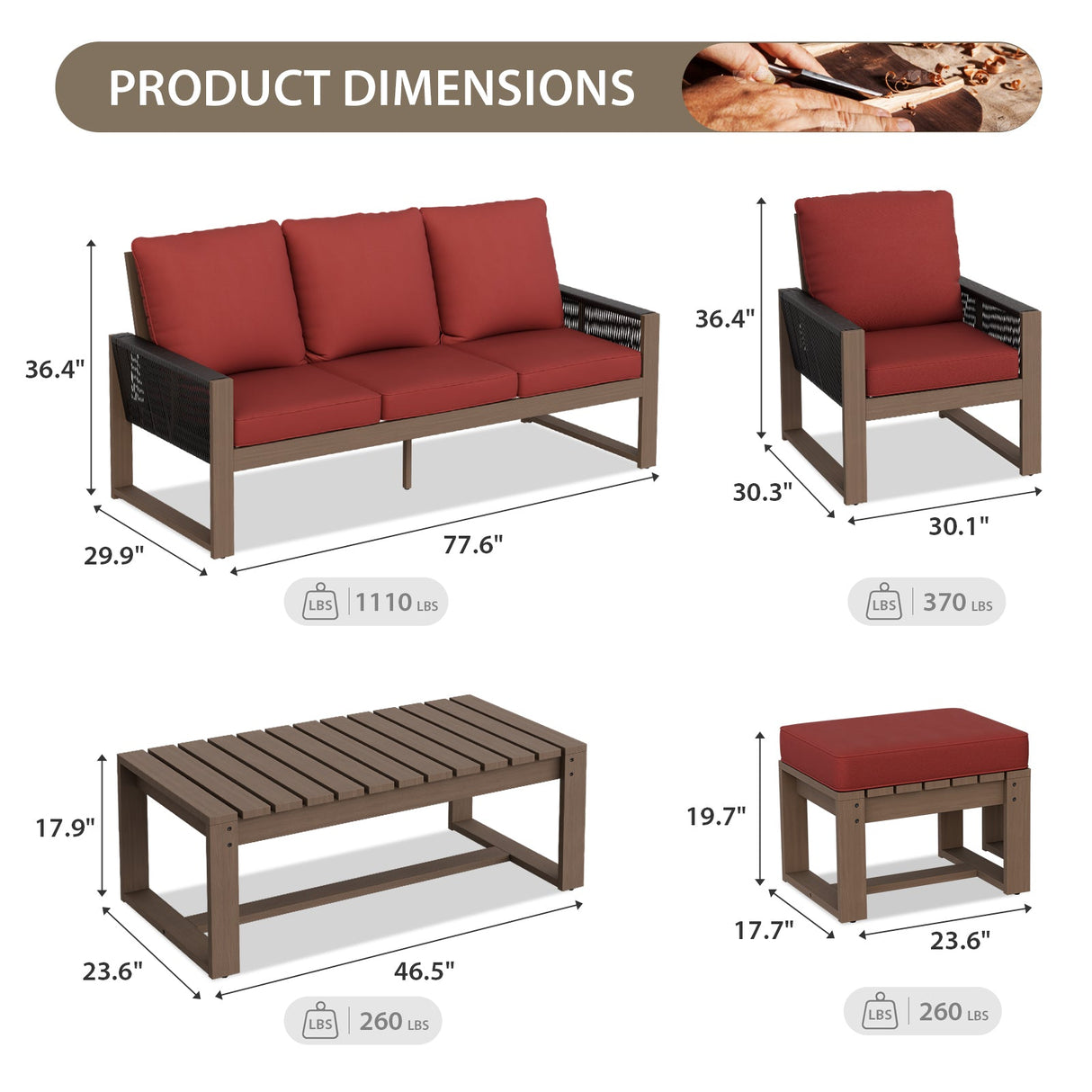 Natural Wood Outdoor Patio Furniture, Sofa 4 Patio Chairs 2 Ottomans and Coffee Table, 8 pcs - Eagle Peak Custom Canopy Tent