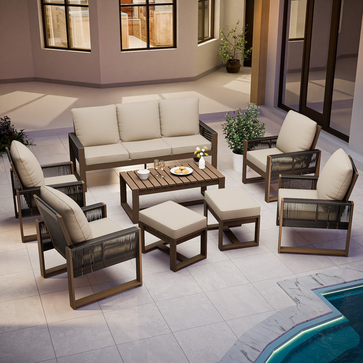 Natural Wood Outdoor Patio Furniture, Sofa 4 Patio Chairs 2 Ottomans and Coffee Table, 8 pcs - Eagle Peak Custom Canopy Tent