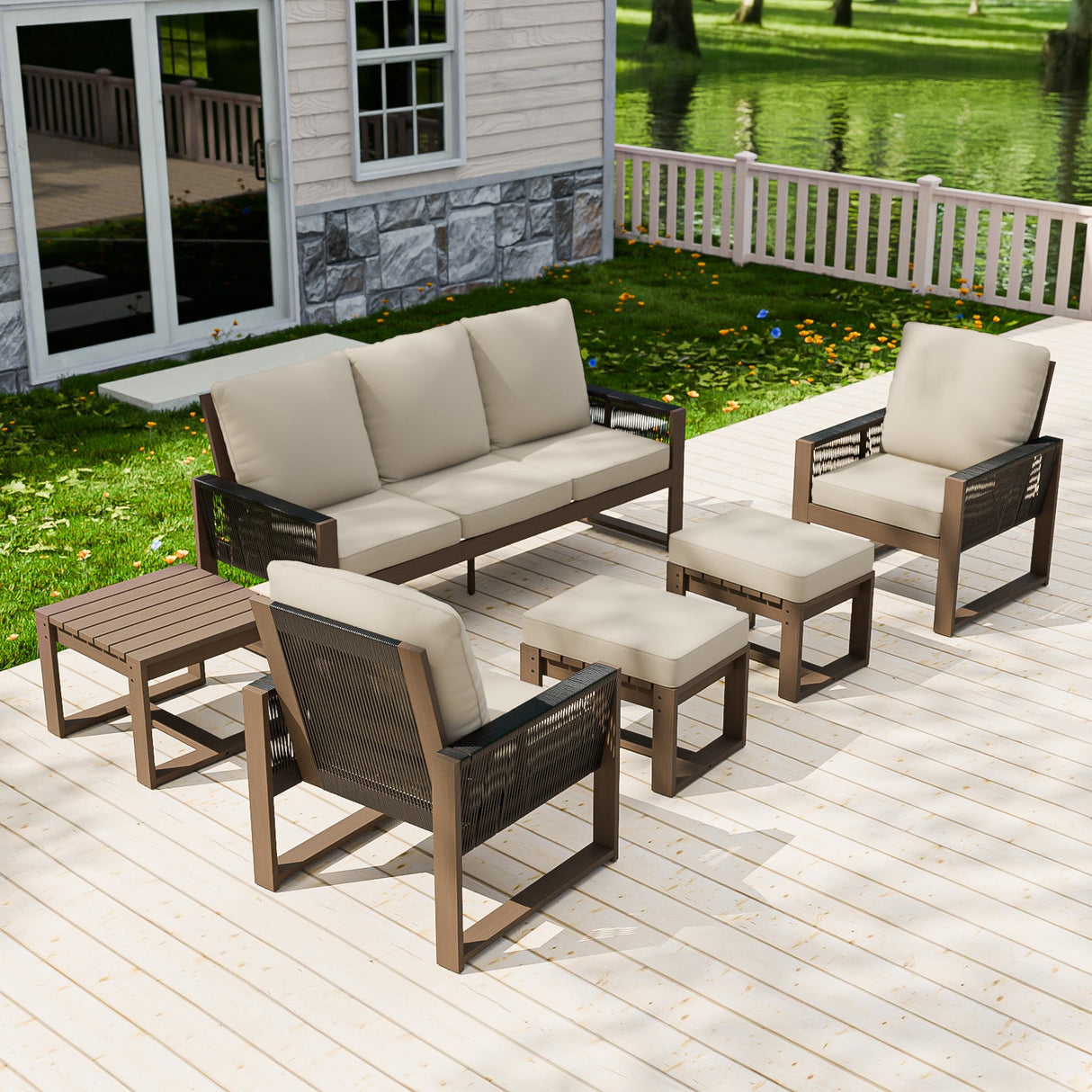 Natural Wood Outdoor Patio Furniture,Sofa 2 Patio Chairs 2 Ottomans and Side Table, 6 pcs - Eagle Peak Custom Canopy Tent
