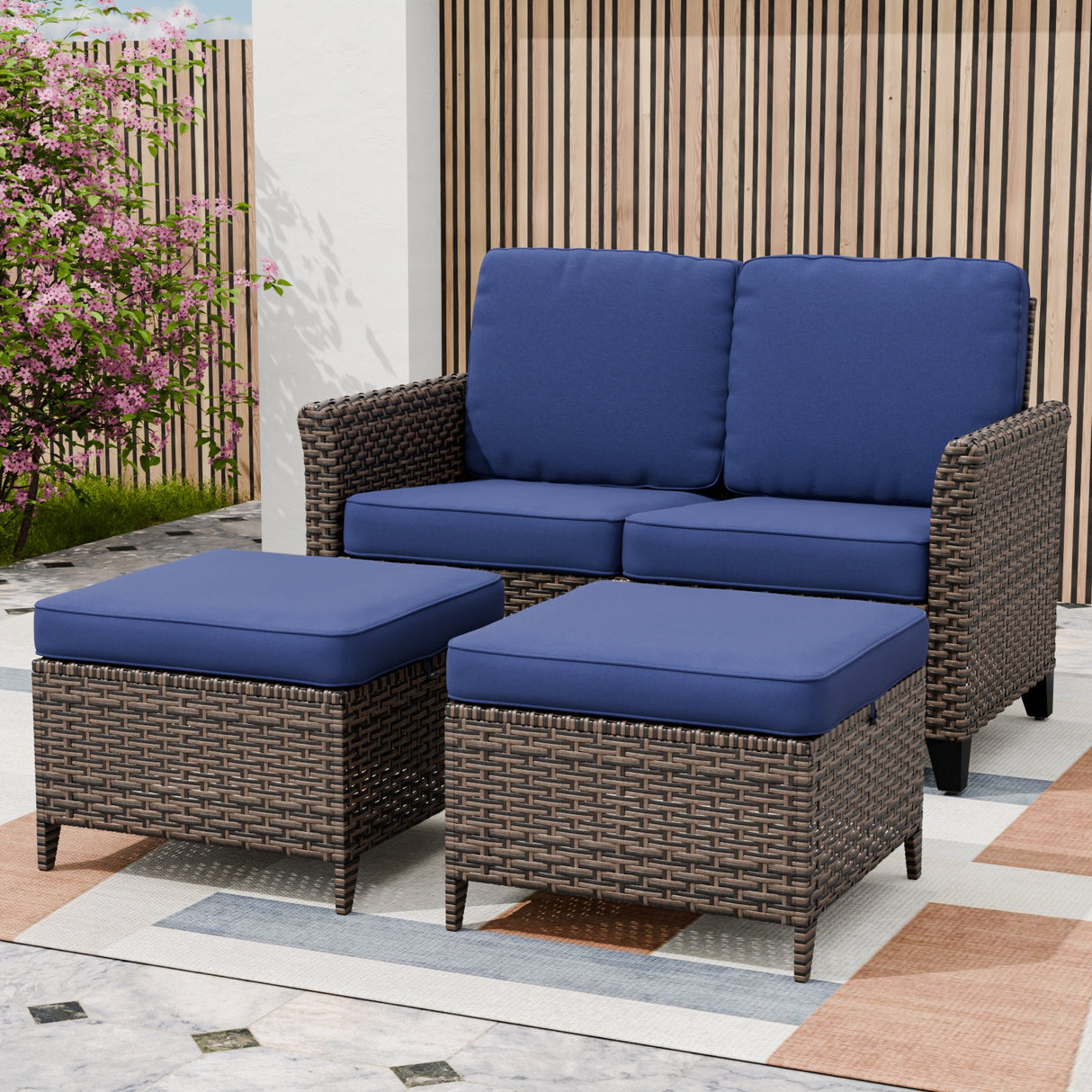 Ocean Vista Outdoor Wicker Loveseat Sofa with 2 Ottomans, Set of 3 - Eagle Peak
