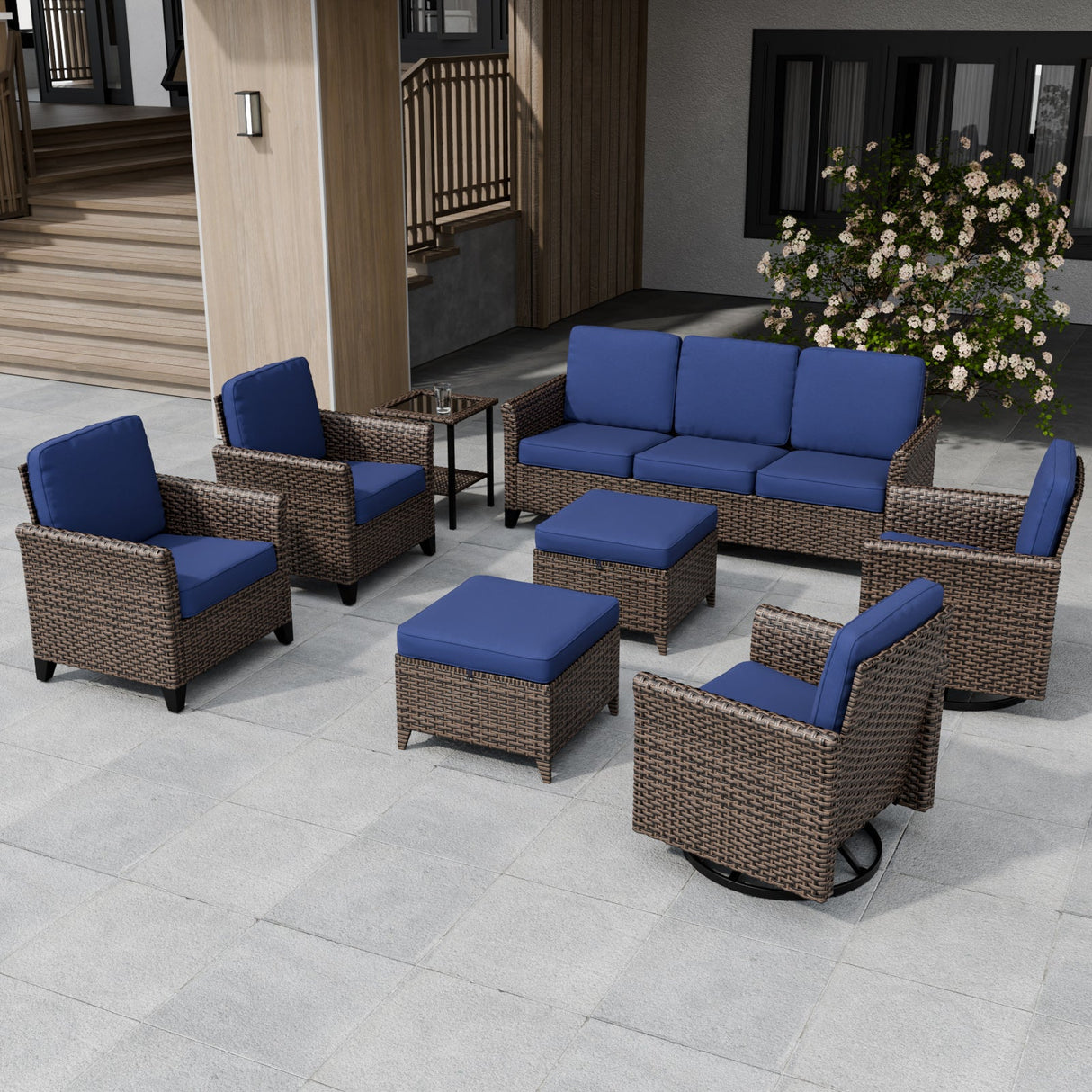 Ocean Vista Wicker Outdoor Patio Furniture Set, Patio and Swivel Chairs Couch Ottomans Table, 8 Piece, Beige/Blue - Eagle Peak