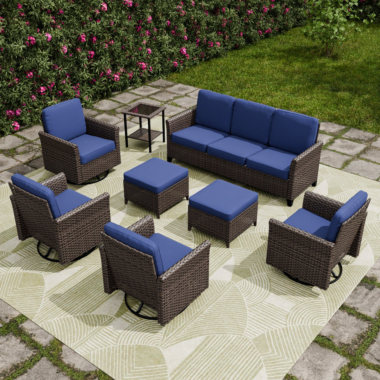 Ocean Vista Wicker Outdoor Patio Furniture Set with 4 Swivel Chairs Couch Ottomans Table, 8 Piece - Eagle Peak
