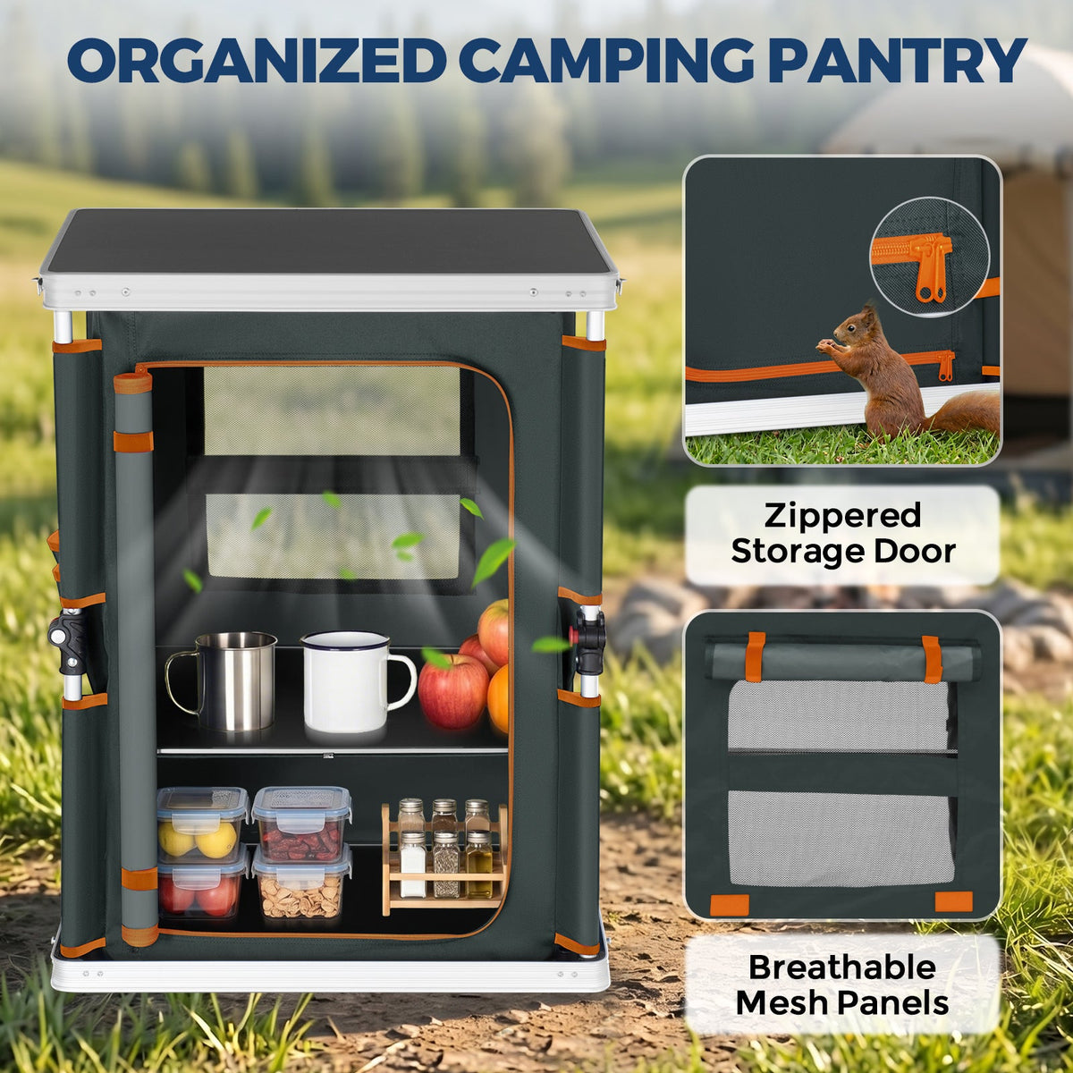Outdoor Camping Pop Up Folding Table with Large 3-Tier Storage Organizer and Side Pockets - Eagle Peak®