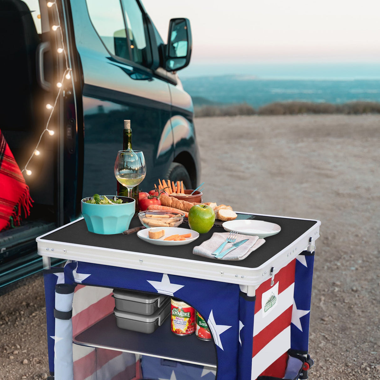 Outdoor Camping Pop Up Folding Table with Large 3 - Tier Storage Organizer and Side Pockets - Eagle Peak Custom Canopy Tent