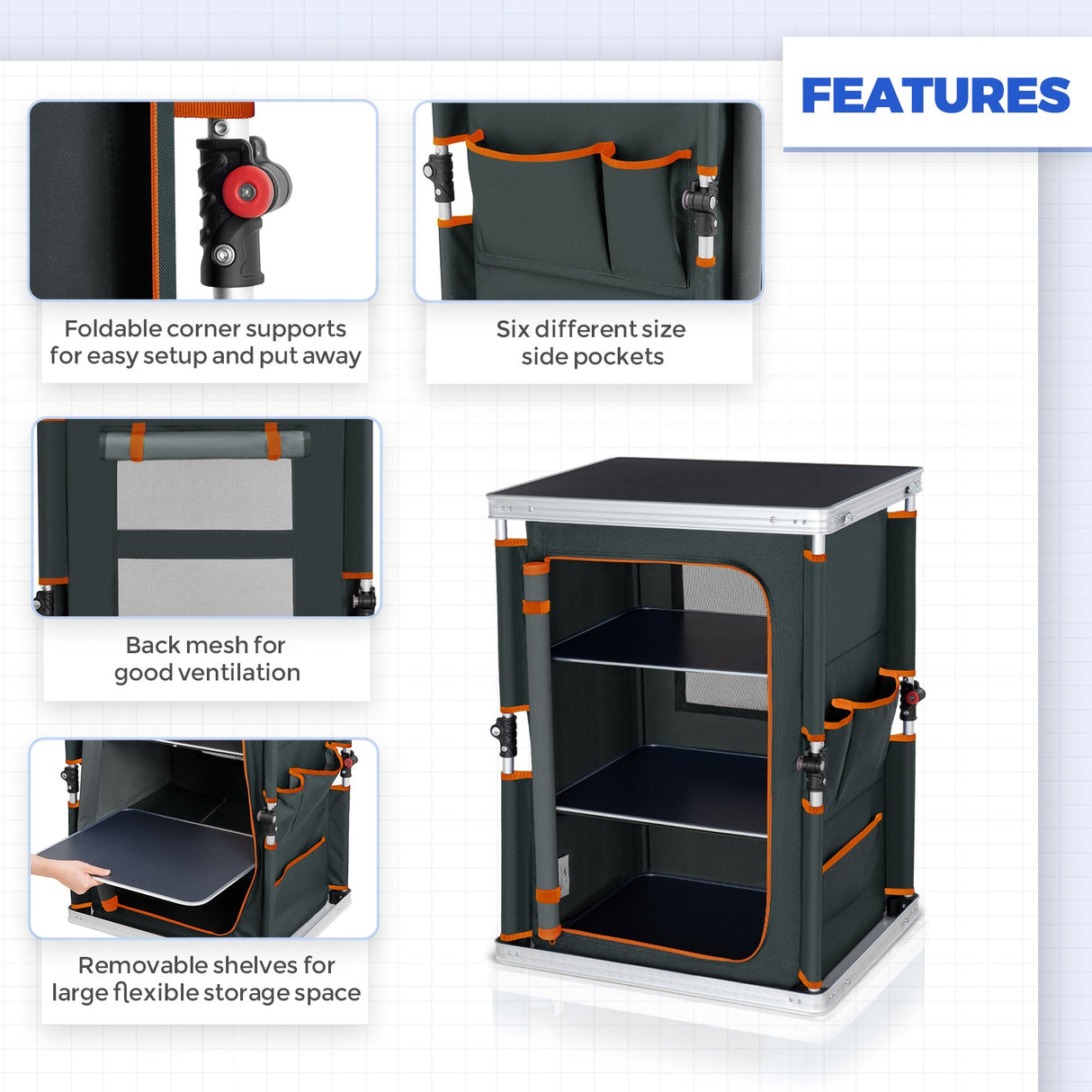 Outdoor Camping Pop Up Folding Table with Large 3 - Tier Storage Organizer and Side Pockets - Eagle Peak Custom Canopy Tent