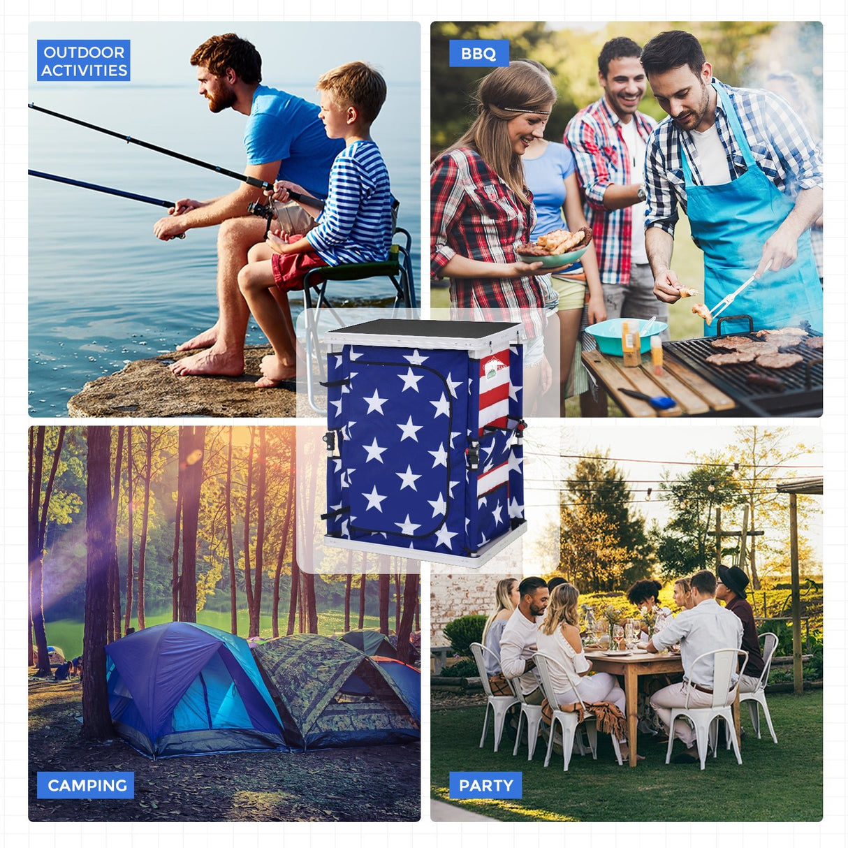 Outdoor Camping Pop Up Folding Table with Large 3 - Tier Storage Organizer and Side Pockets - Eagle Peak Custom Canopy Tent