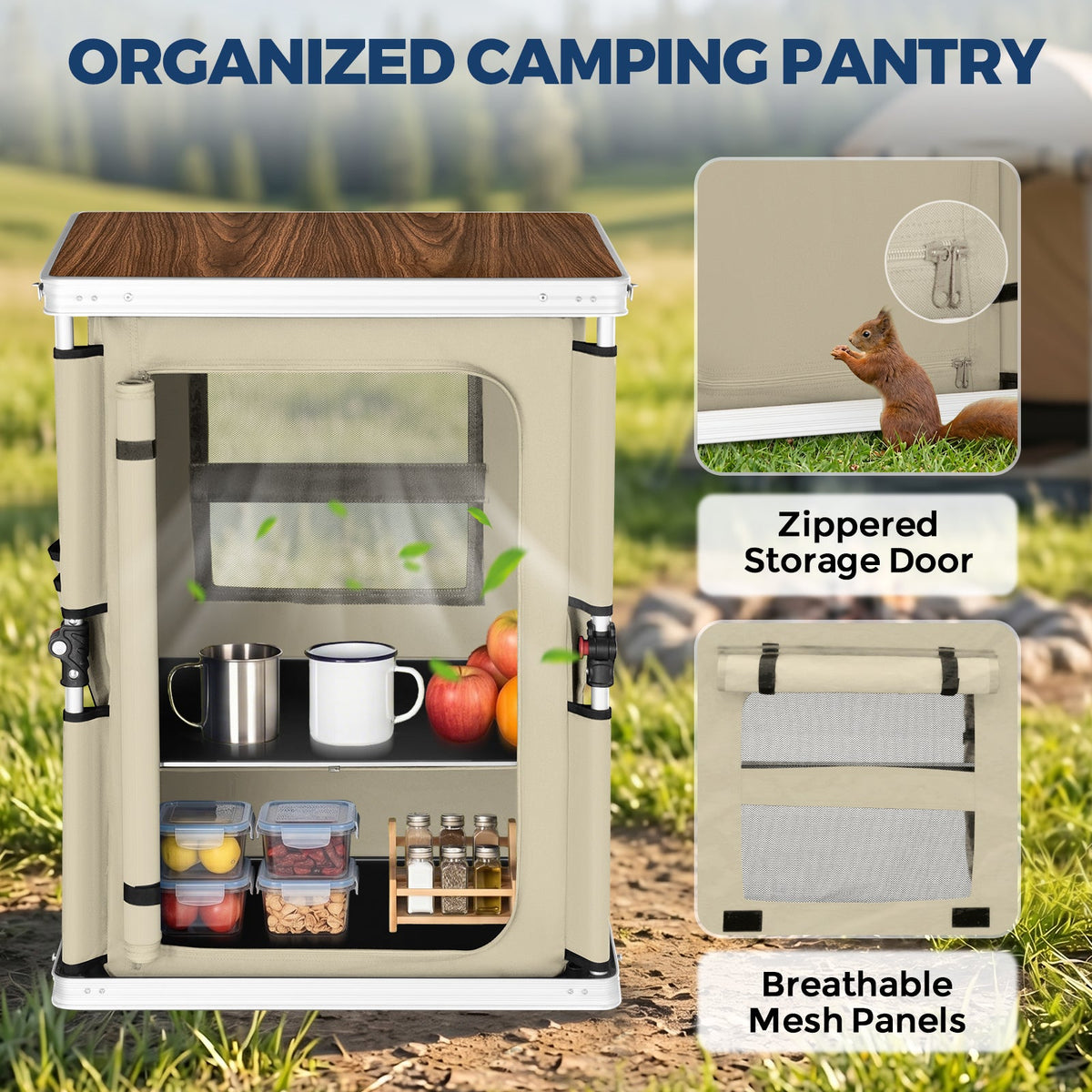 Outdoor Camping Pop Up Folding Table with Large 3-Tier Storage Organizer and Side Pockets - Eagle Peak®