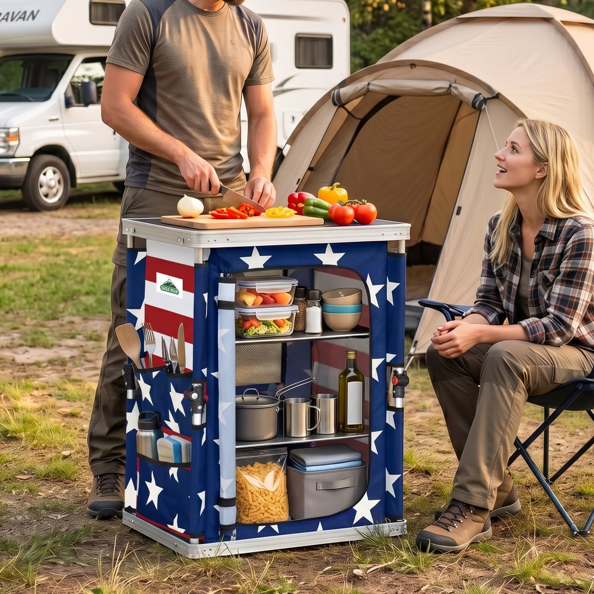 Outdoor Camping Pop Up Folding Table with Large 3-Tier Storage Organizer and Side Pockets - Eagle Peak®