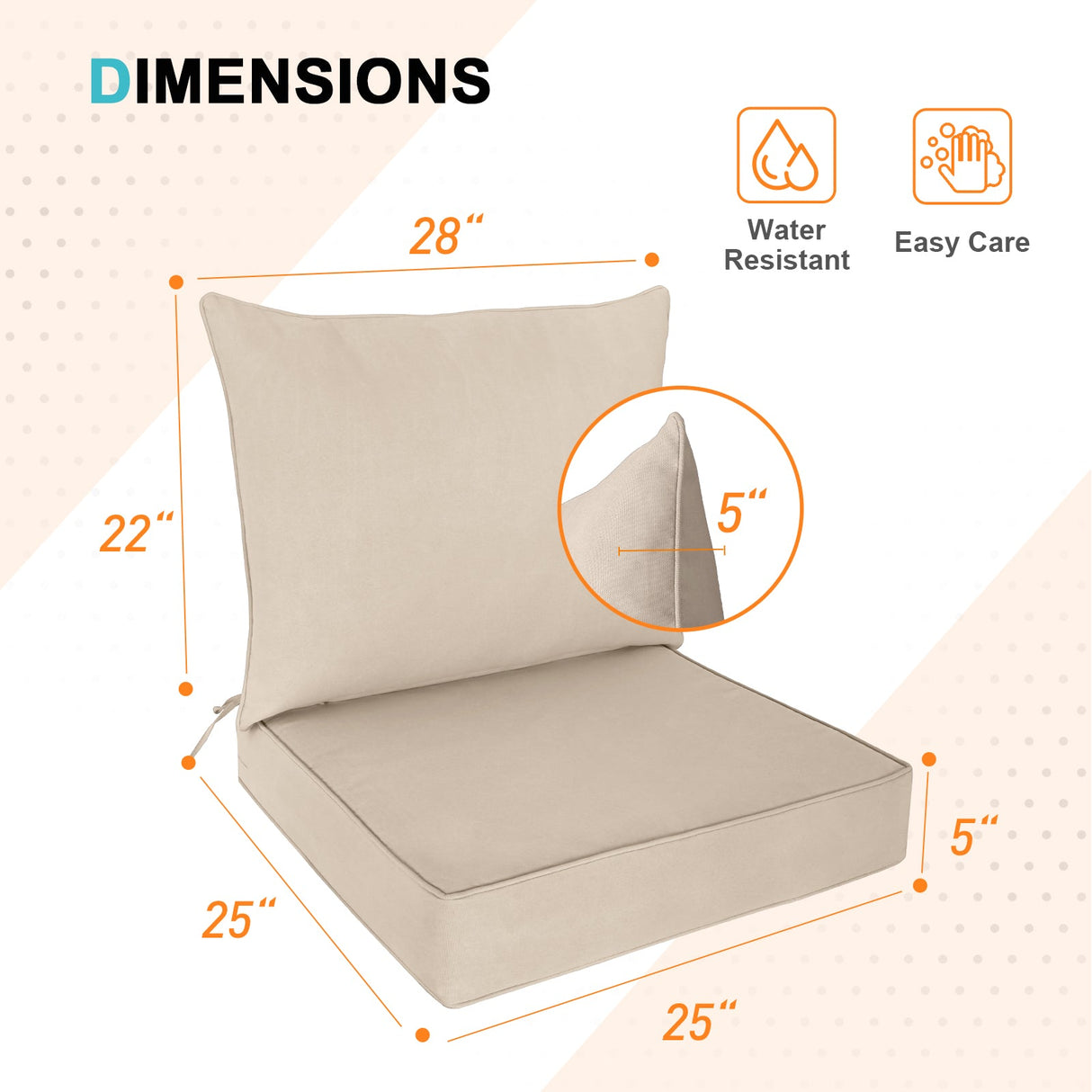 Outdoor Deep Seat Patio Seat Cushion Set, 25x25x5 inch, 2 - Piece Back Chair Cushion - Eagle Peak Custom Canopy Tent