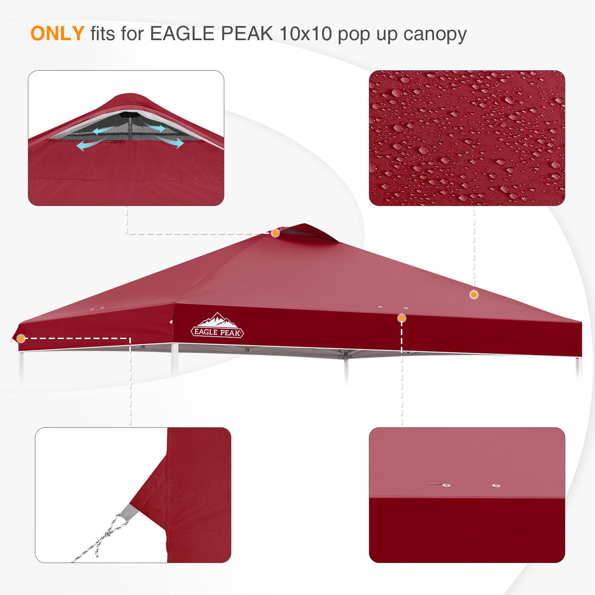 Replacement Canopy Cover with Air Vent for 10x10 Pop Up Canopy Tent, Top Only - Eagle Peak Custom Canopy Tent