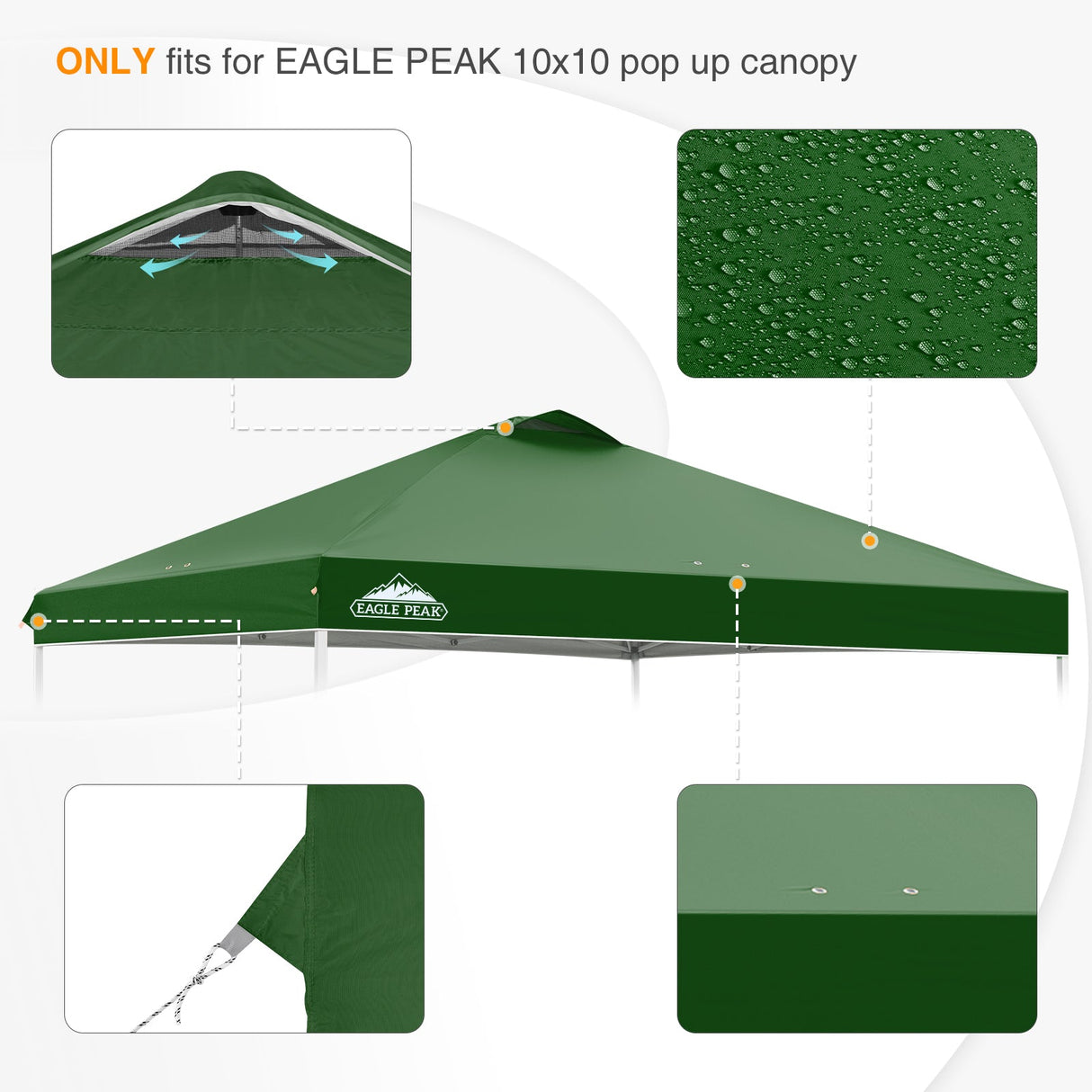 Replacement Canopy Cover with Air Vent for 10x10 Pop Up Canopy Tent, Top Only - Eagle Peak Custom Canopy Tent