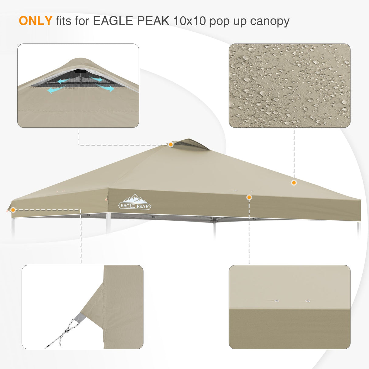 Replacement Canopy Cover with Air Vent for 10x10 Pop Up Canopy Tent, Top Only - Eagle Peak Custom Canopy Tent