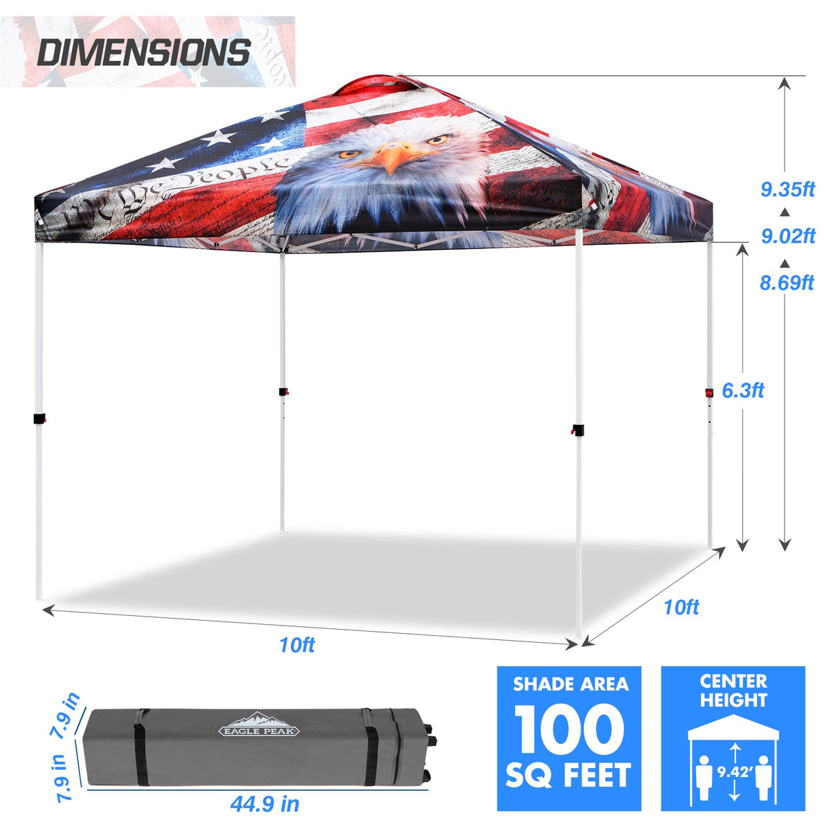 SHADE GRAPHiX Easy Setup 10x10 Pop Up Canopy Tent with Digital Printed American Icon Top - Eagle Peak Custom Canopy Tent