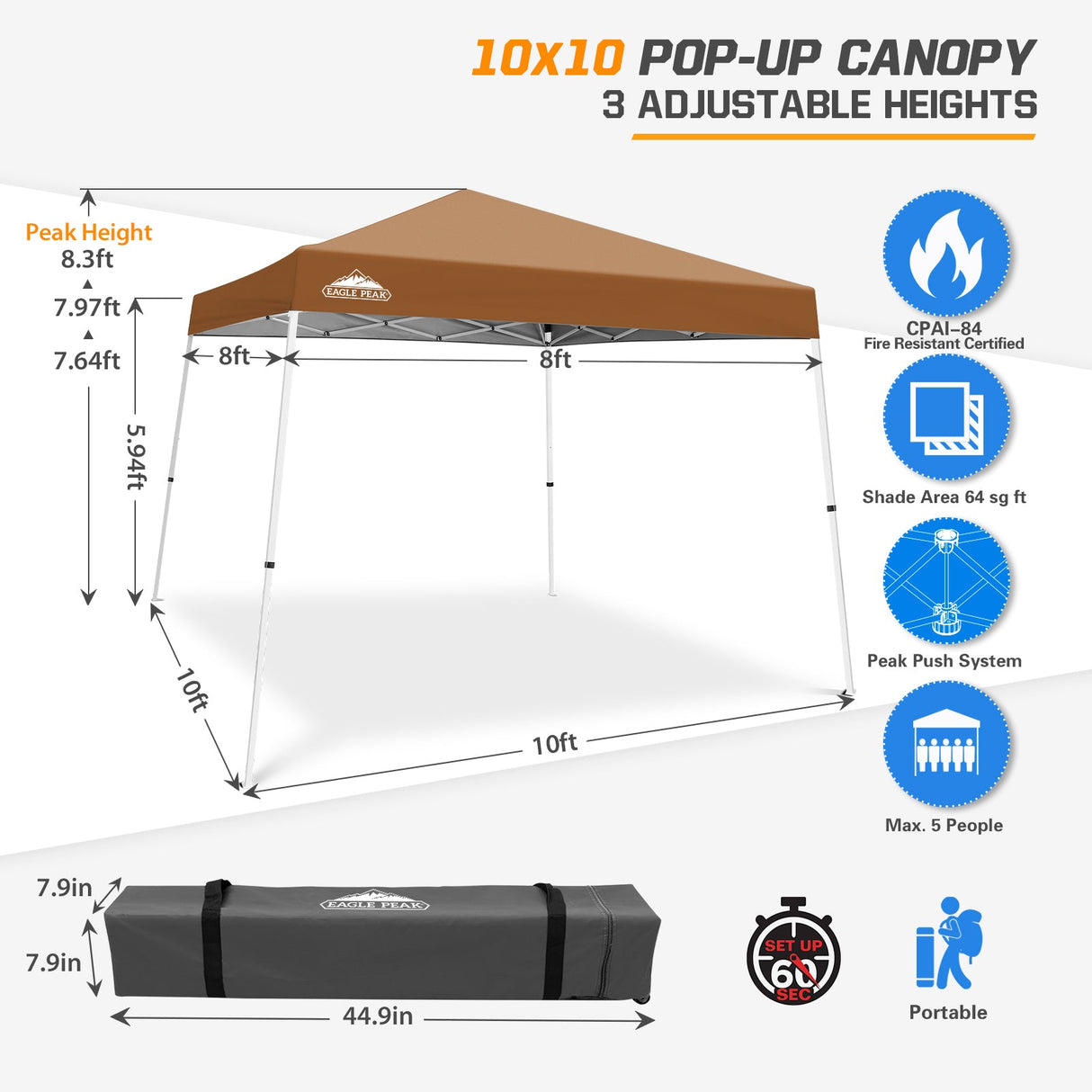Slant Leg Pop up Canopy Tent, 10x10 Base 8x8 Top - Eagle Peak®