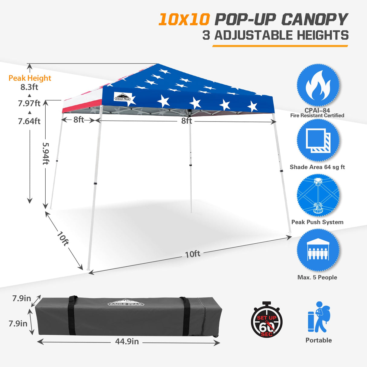 Slant Leg Pop up Canopy Tent, 10x10 Base 8x8 Top - Eagle Peak Custom Canopy Tent