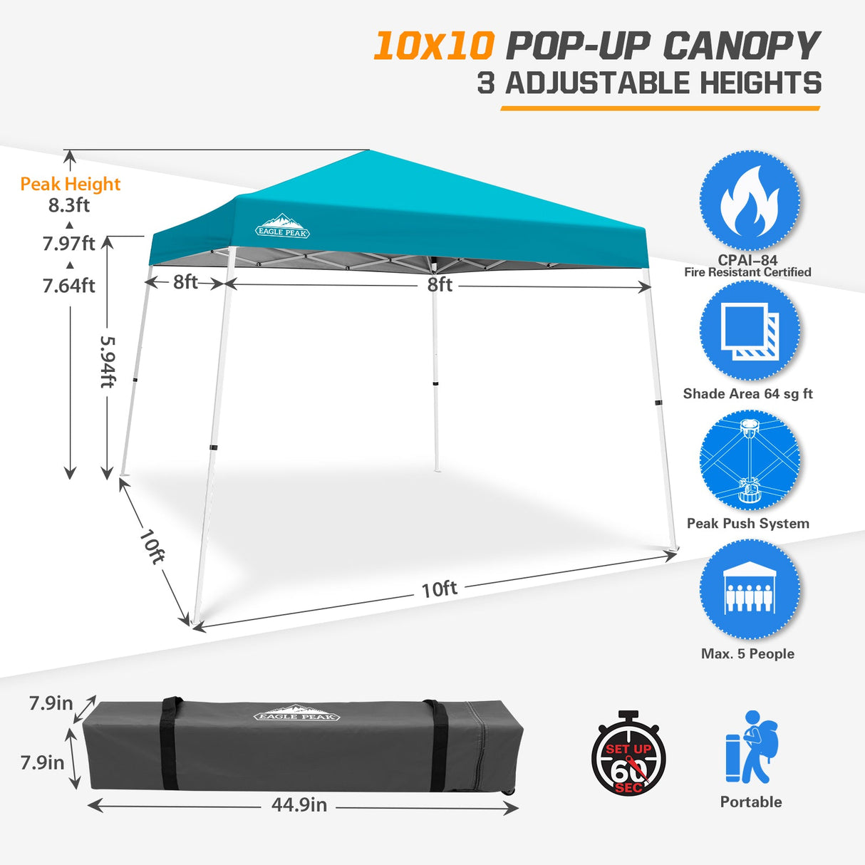 Slant Leg Pop up Canopy Tent, 10x10 Base 8x8 Top - Eagle Peak Custom Canopy Tent