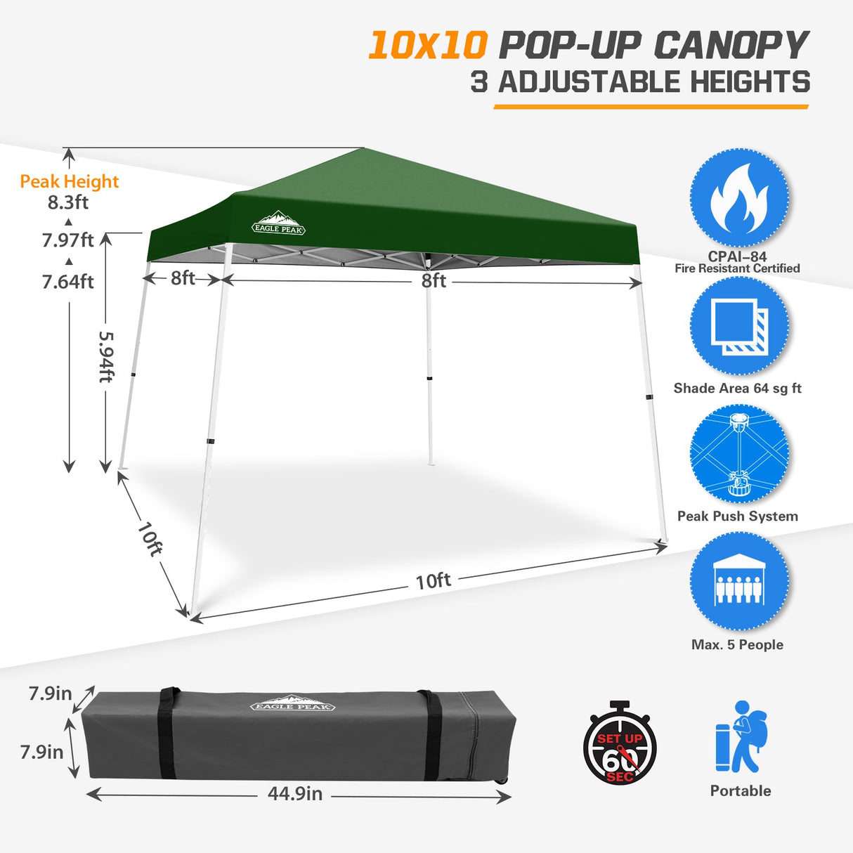 Slant Leg Pop up Canopy Tent, 10x10 Base 8x8 Top - Eagle Peak Custom Canopy Tent