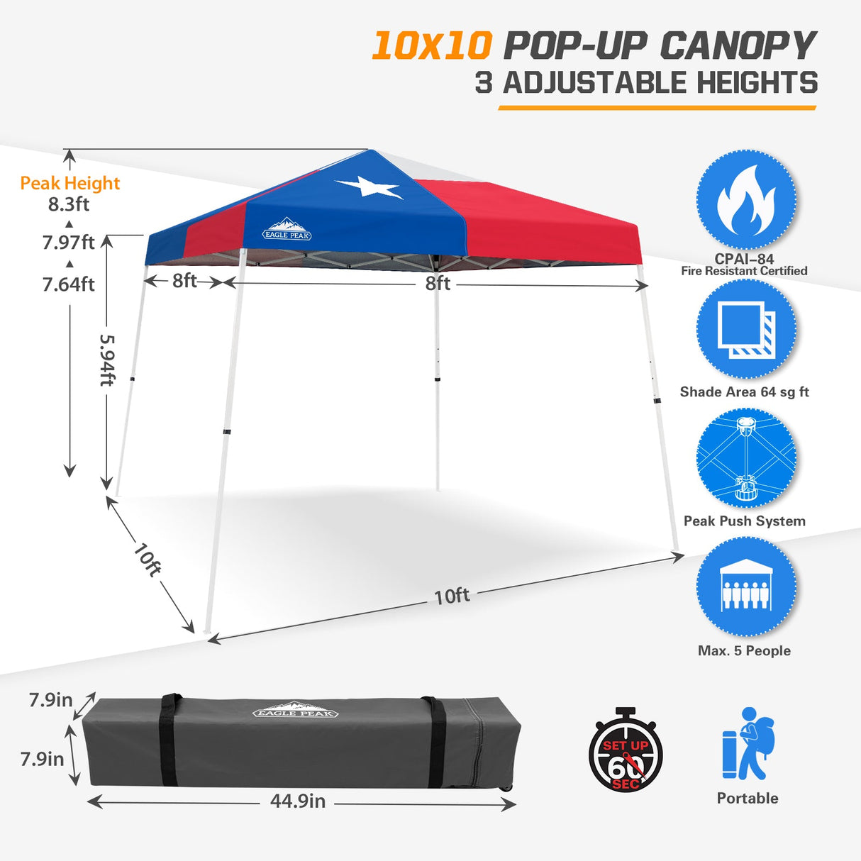 Slant Leg Pop up Canopy Tent, 10x10 Base 8x8 Top - Eagle Peak®