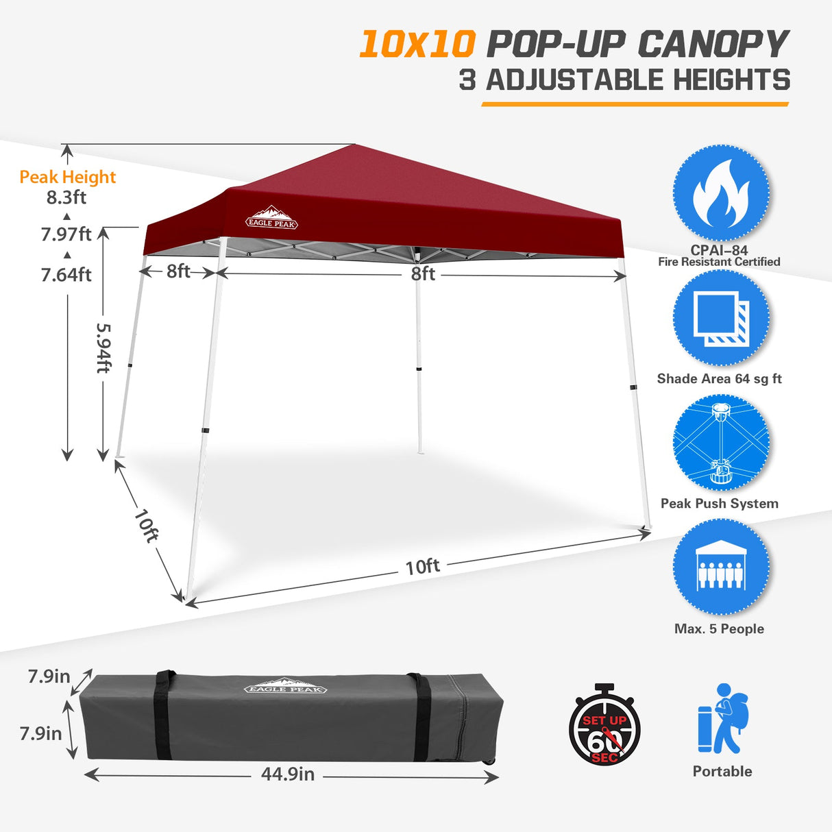 Slant Leg Pop up Canopy Tent, 10x10 Base 8x8 Top - Eagle Peak Custom Canopy Tent