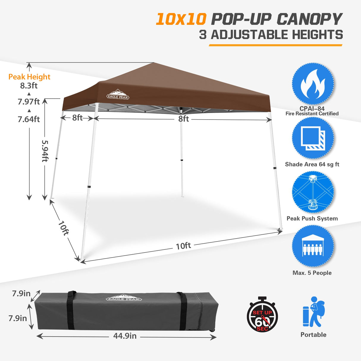Slant Leg Pop up Canopy Tent, 10x10 Base 8x8 Top - Eagle Peak Custom Canopy Tent