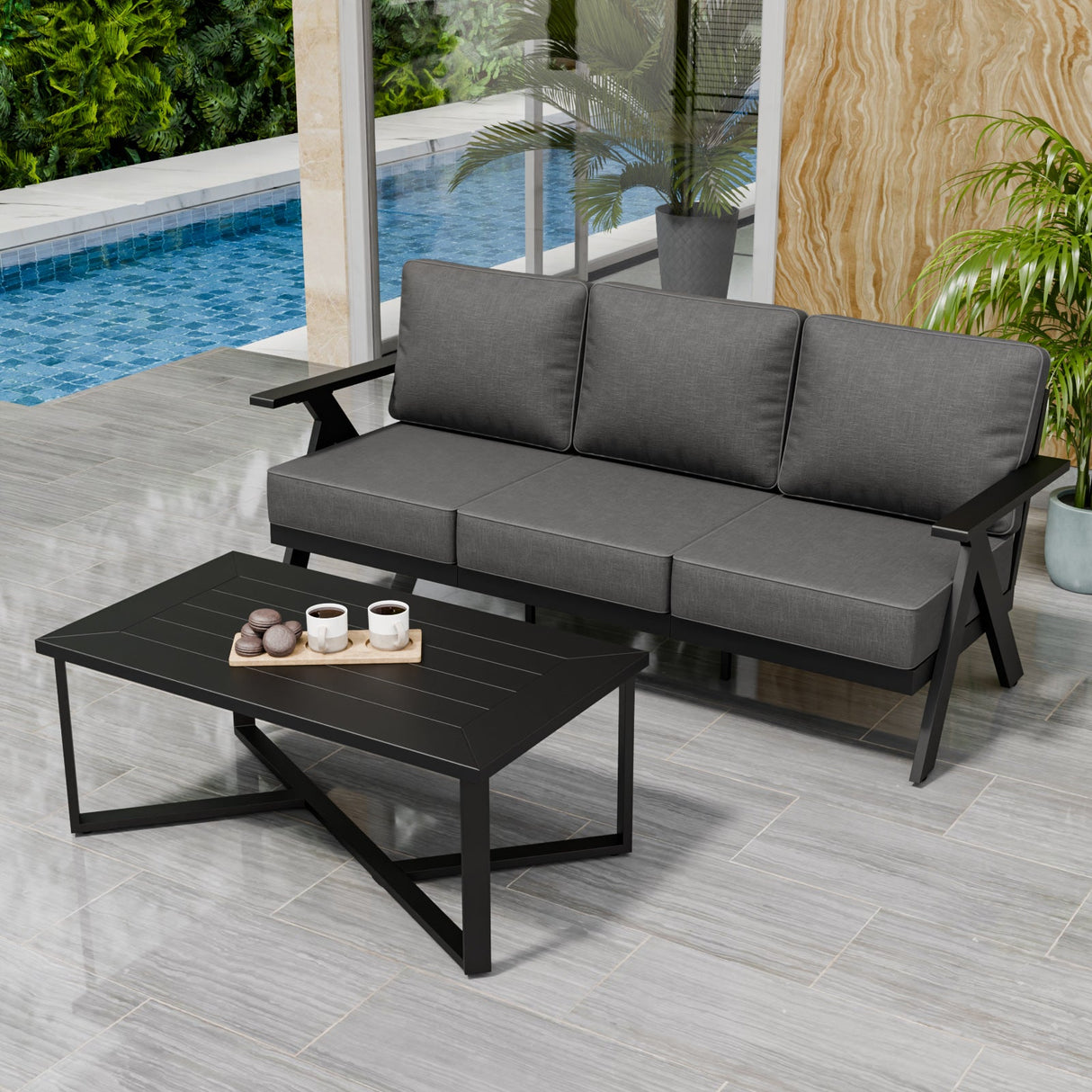 Urban Slate 2 Piece Modern Outdoor Patio Furniture Set, Couch and Coffee Table Set - Eagle Peak Custom Canopy Tent