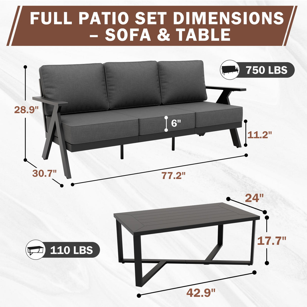 Urban Slate 2 Piece Modern Outdoor Patio Furniture Set, Couch and Coffee Table Set - Eagle Peak Custom Canopy Tent