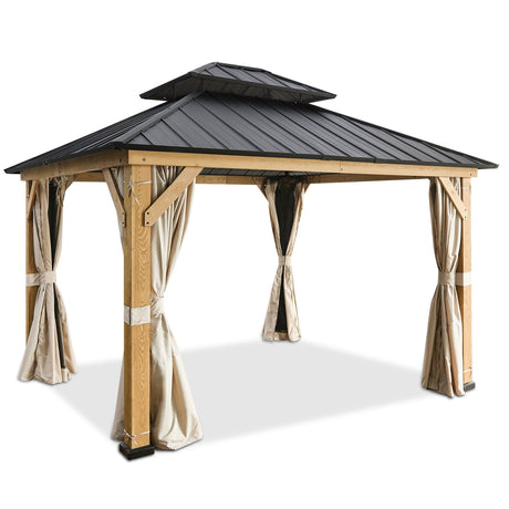 13' x 11' Cedar Double Roof Gazebo with Netting and Curtains_WGD120MW - Eagle Peak Canopy and Outdoor Products