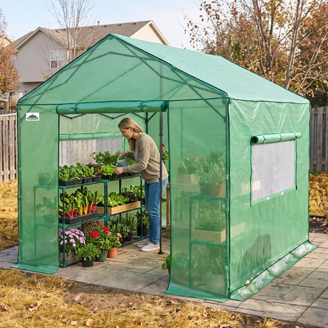 6x6/ 6x8/ 8x8/ 10x10 Pop Up Walk In Greenhouse, Easy Setup, Gable Roof