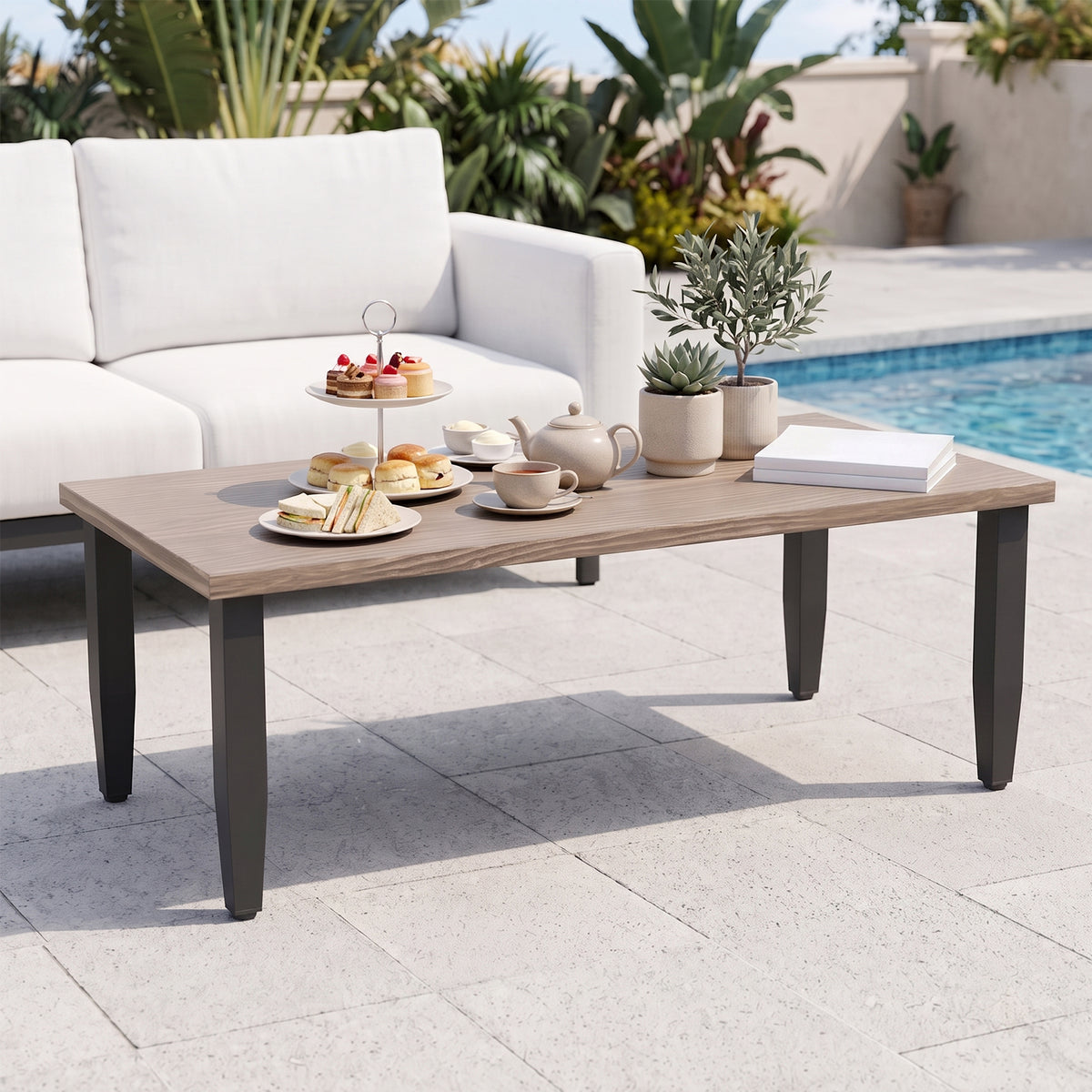Modern Wicker Outdoor Modern Rectangle Small Patio Table, Wood Grain Top