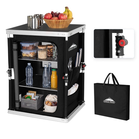 Outdoor Camping Pop Up Folding Table with Large 3-Tier Storage Organizer and Side Pockets