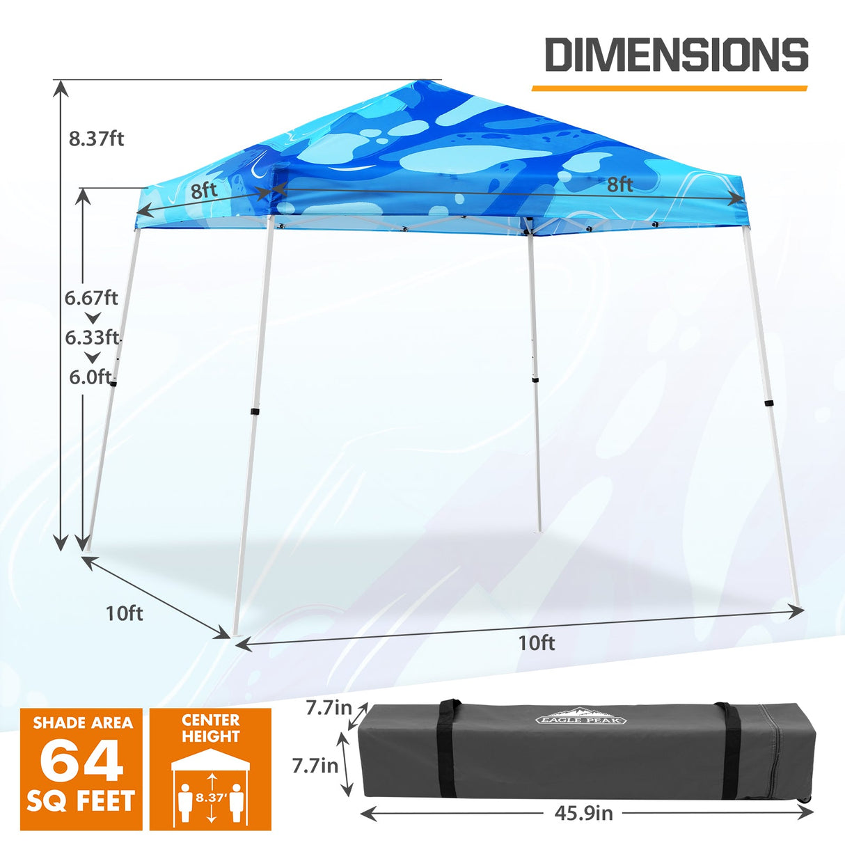 10x10 Slant Leg Pop - up Canopy Tent, 10x10 Base 8x8 Top (Blue Abstract) - Eagle Peak Custom Canopy Tent