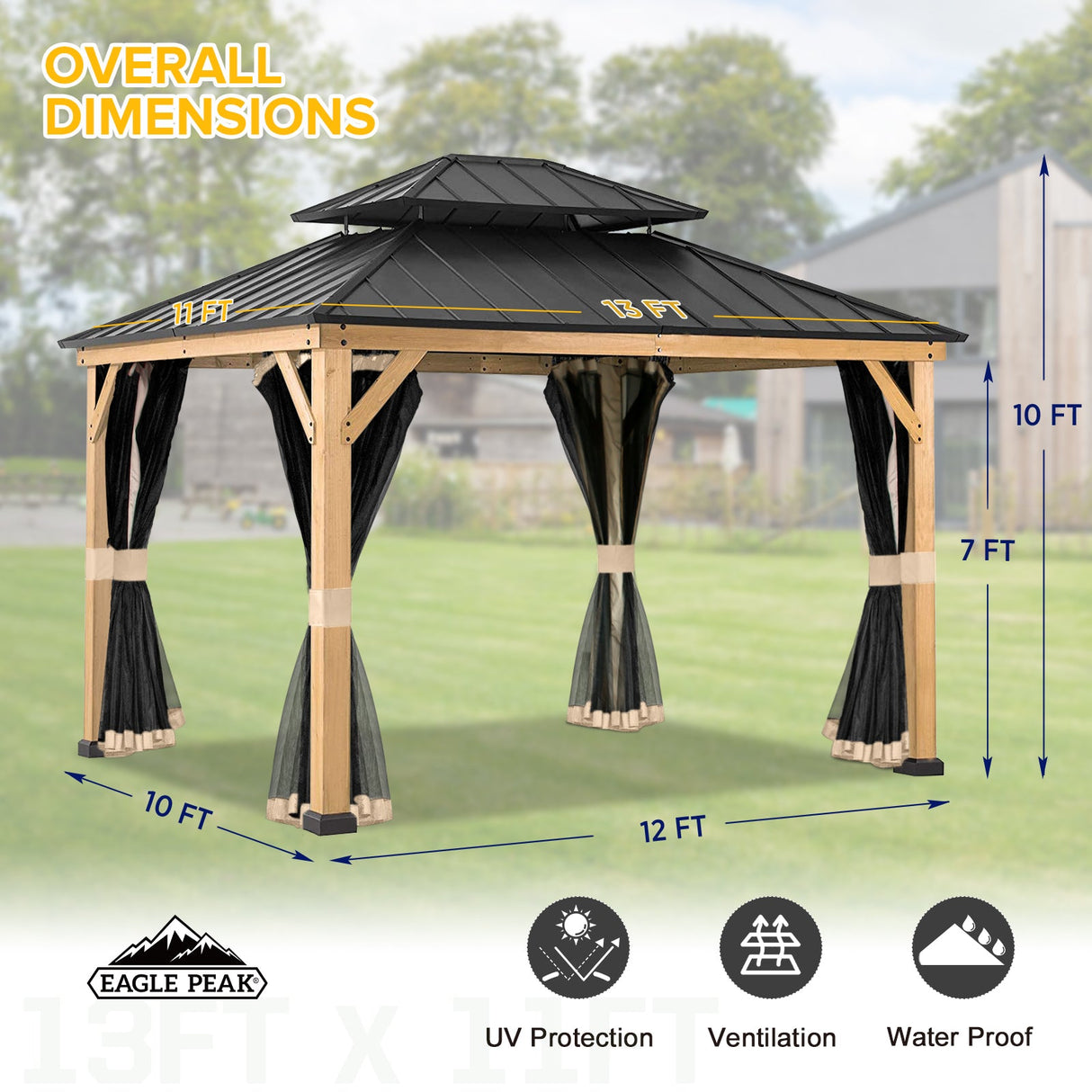 11x13 Outdoor Cedar Framed Hardtop Double Roof Gazebo, Black Mosquito Mesh Netting Included - Eagle Peak Custom Canopy Tent