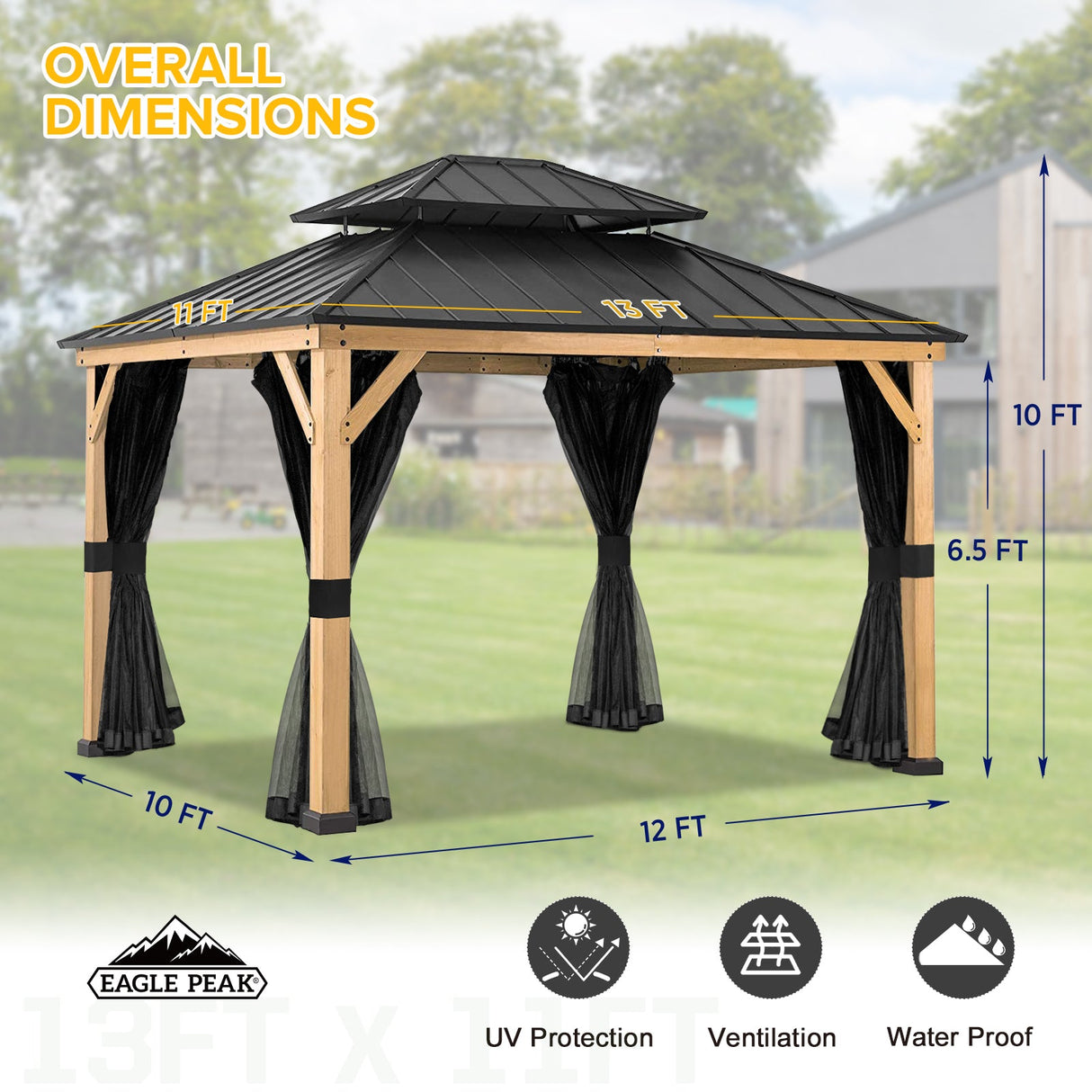 11x13 Outdoor Cedar Framed Hardtop Double Roof Gazebo, Black Mosquito Mesh Netting Included - Eagle Peak Custom Canopy Tent