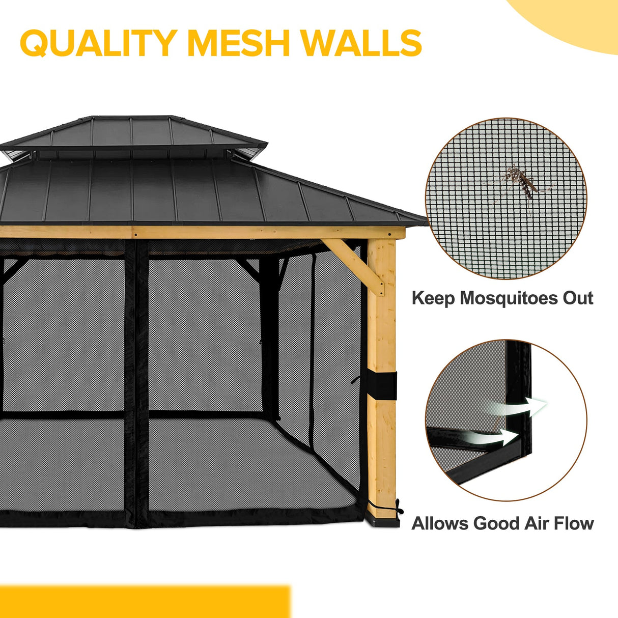 11x13 Outdoor Cedar Framed Hardtop Double Roof Gazebo, Black Mosquito Mesh Netting Included - Eagle Peak Custom Canopy Tent