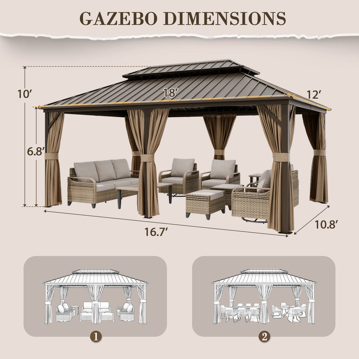 12x10 Hardtop Gazebo, Galvanized Steel Double Roof with Aluminum Frame - Eagle Peak Custom Canopy Tent