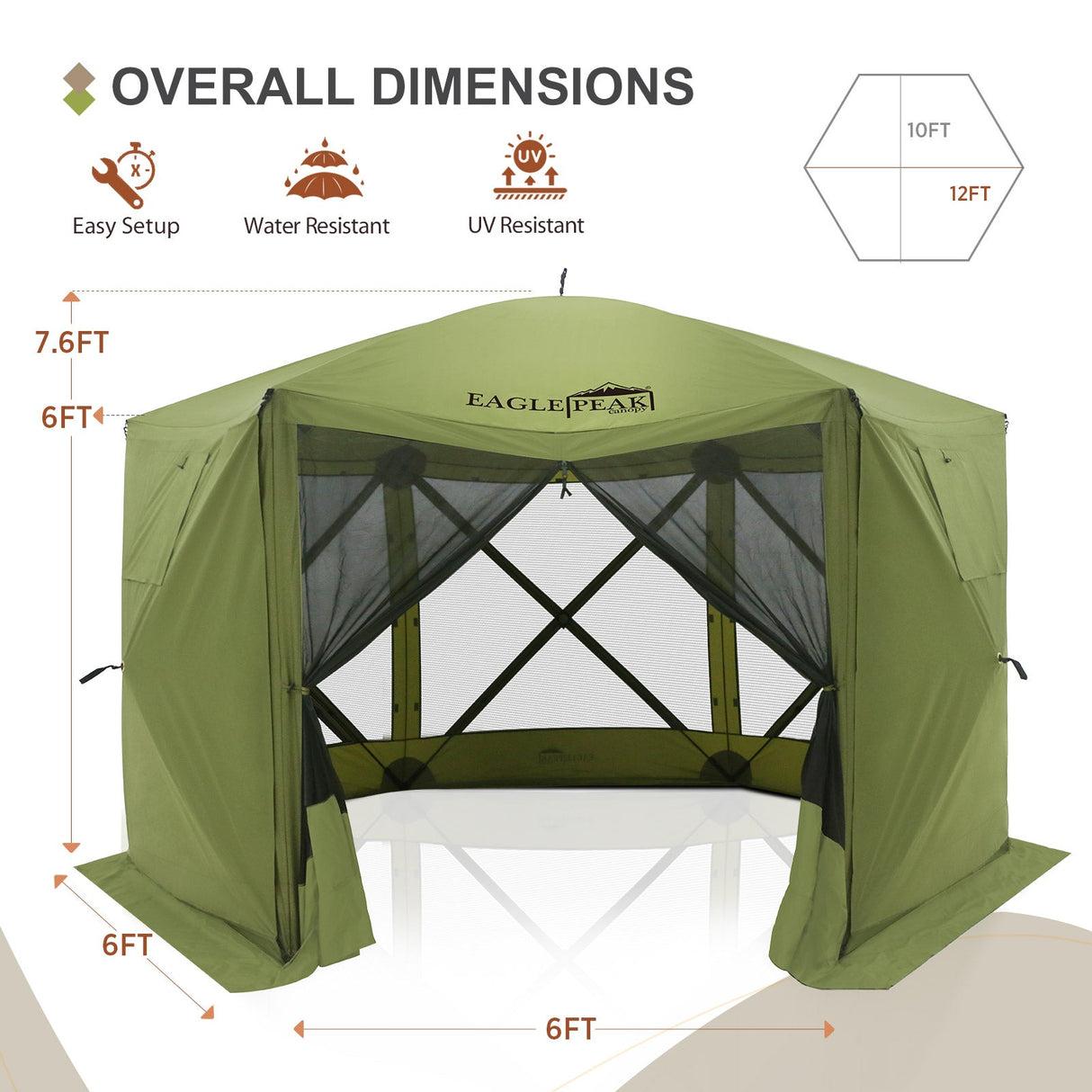 12x12 ft Portable Quick Pop Up Canopy Tent with 2 Wall Panels, 6 Sided Instant Gazebo - Eagle Peak Custom Canopy Tent