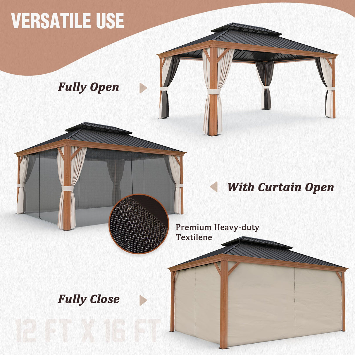 12x16 Premium Aluminum Gazebo Galvanized Double Roof with Wood Grain Aluminum Frame/Aluminum Frame - Eagle Peak Custom Canopy Tent