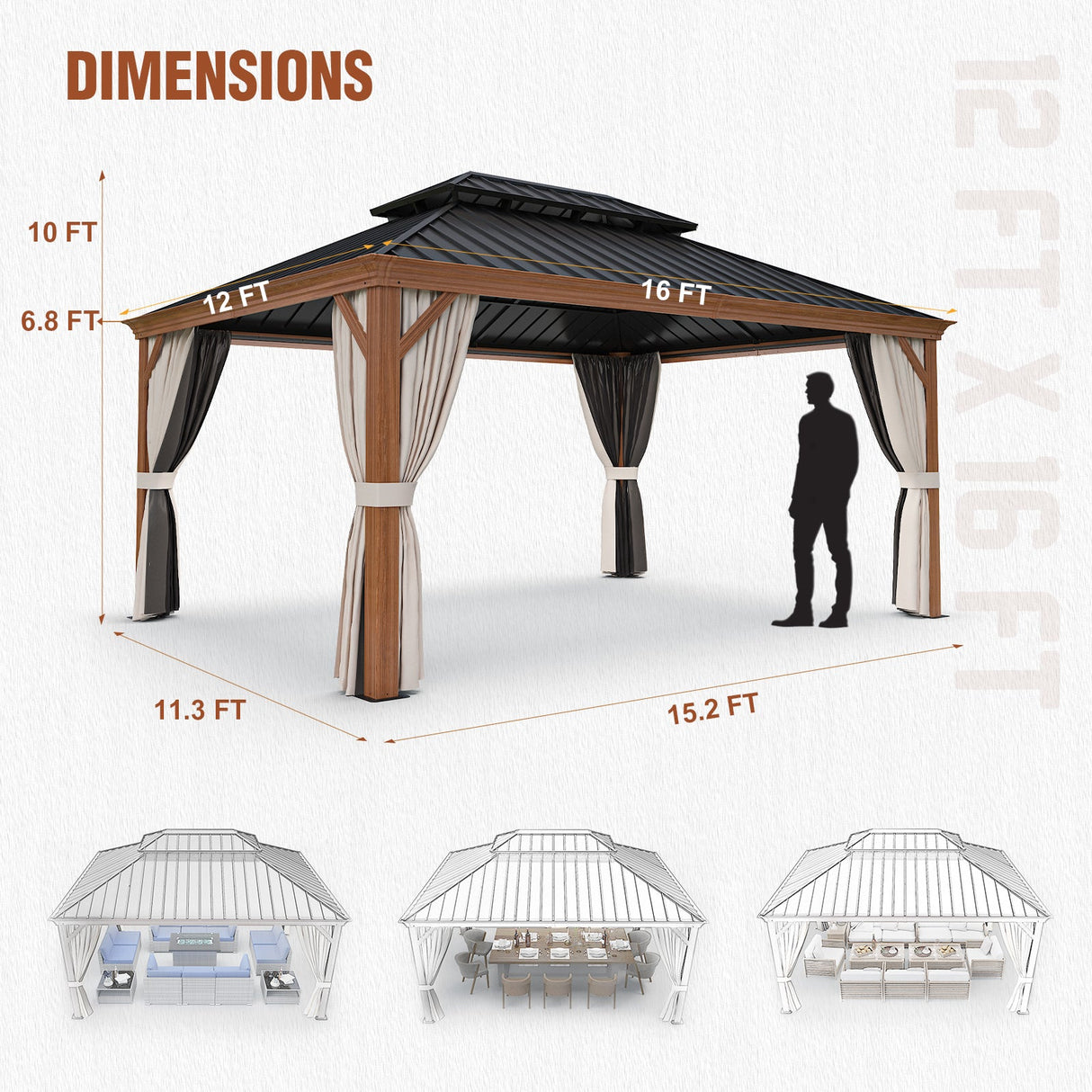 12x16 Premium Aluminum Gazebo Galvanized Double Roof with Wood Grain Aluminum Frame/Aluminum Frame - Eagle Peak Custom Canopy Tent