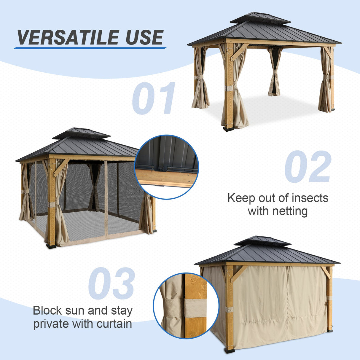 13x11 Cedar Wood Gazebo Hardtop Double Roof with Netting and Curtains - Eagle Peak Custom Canopy Tent