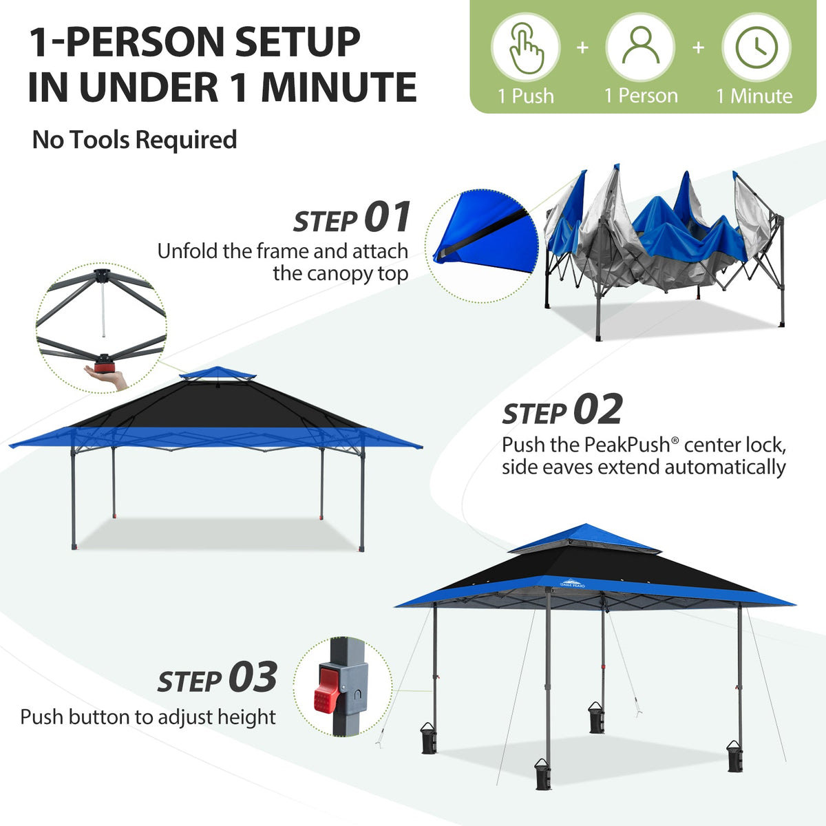 13x13 Pop Up Canopy Tent, Auto Extended Eaves - Eagle Peak®