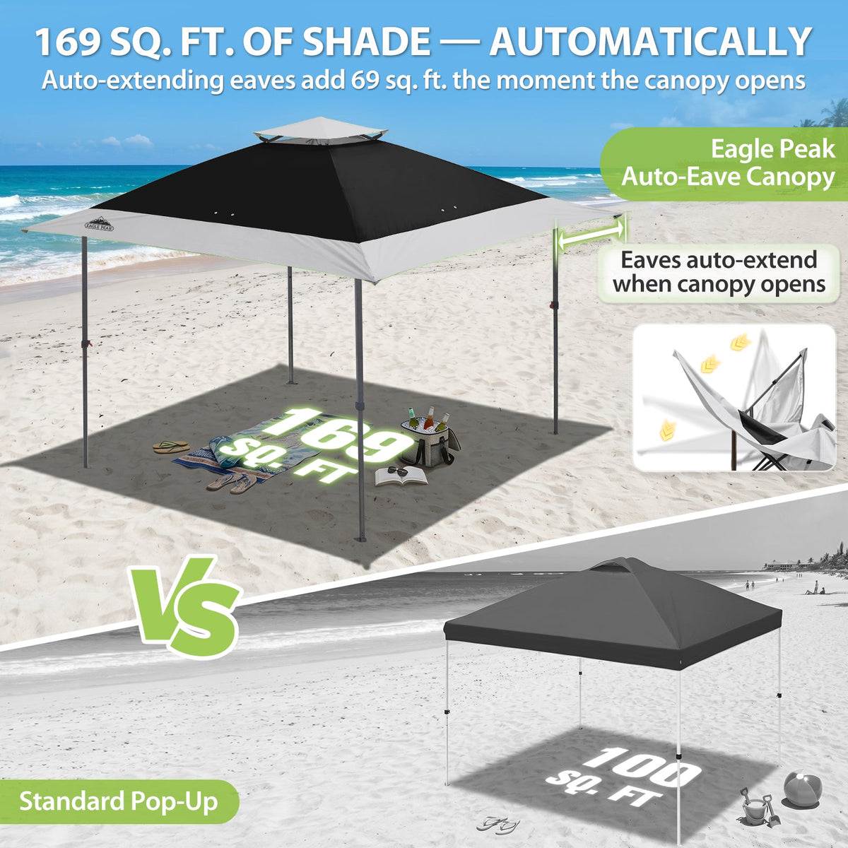 13x13 Pop Up Canopy Tent, Auto Extended Eaves - Eagle Peak®