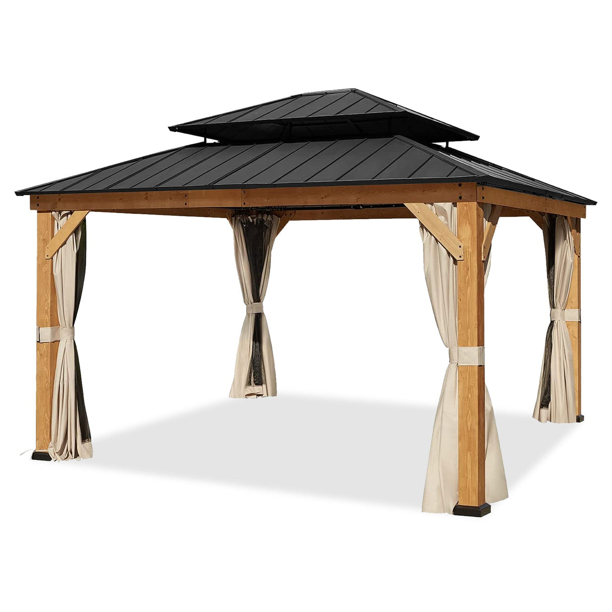 13x15 Cedar Wood Gazebo with Netting and Curtains - Eagle Peak Custom Canopy Tent