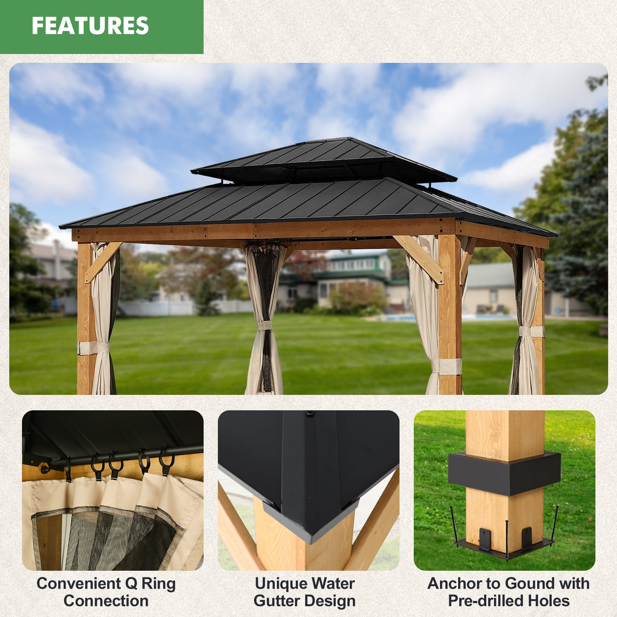 13x15 Cedar Wood Gazebo with Netting and Curtains - Eagle Peak Custom Canopy Tent