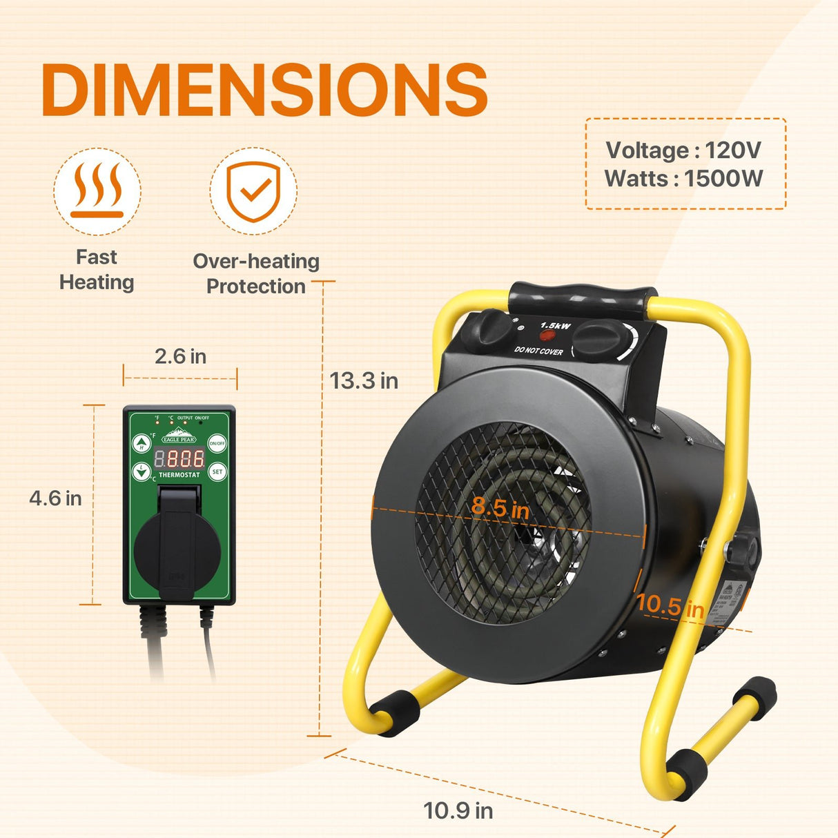 1500W Greenhouse Heater with Thermostat,black - Eagle Peak Custom Canopy Tent