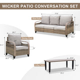 Modern Wicker Outdoor Patio Furniture Set,2 Patio Chairs, 3-Seat Loveseat and Coffee Table, 4 Pieces, Brown/Gray