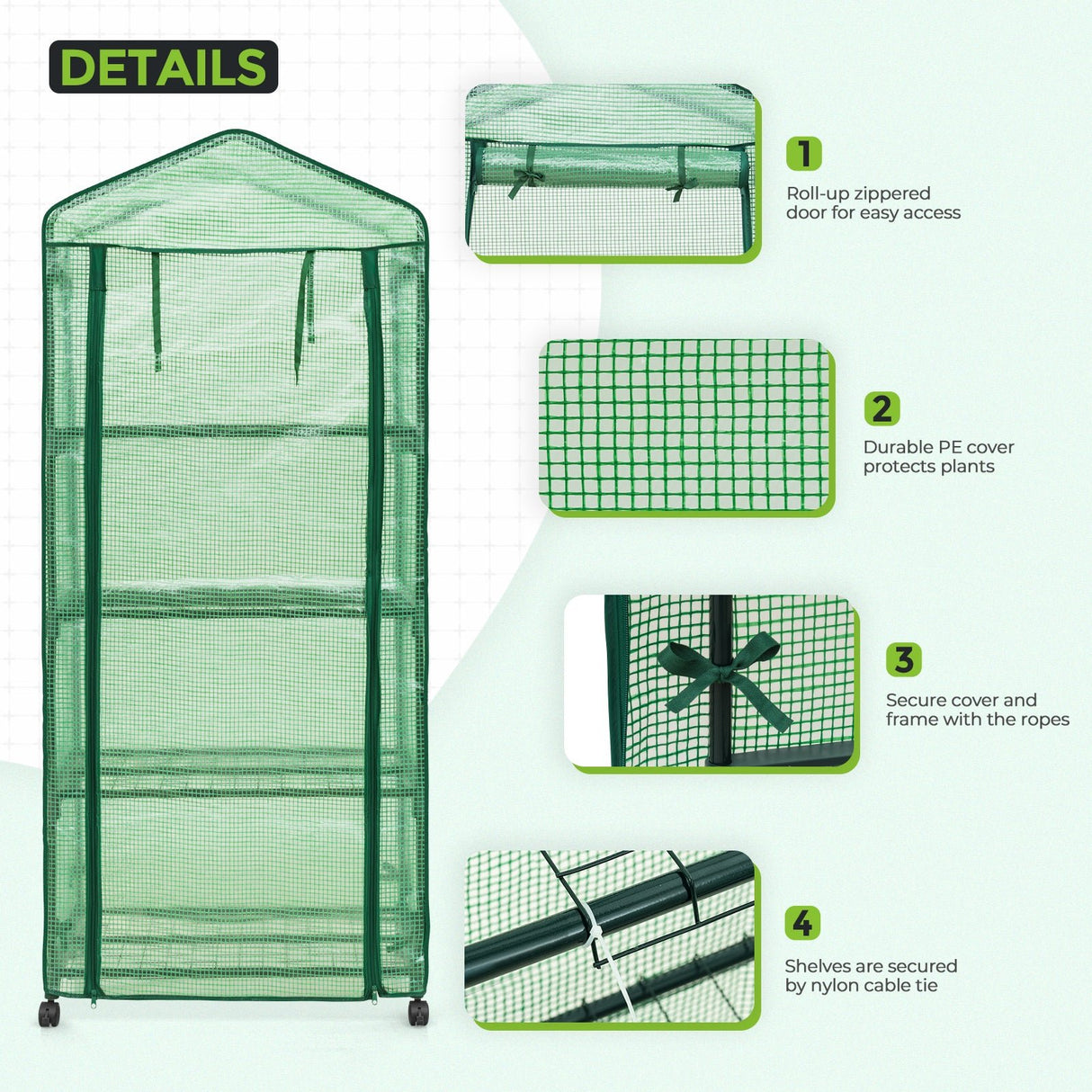 28”x 19”x 67” Mini Greenhouse with Wire Shelves,4 Tier, with Wheels - Eagle Peak Custom Canopy Tent