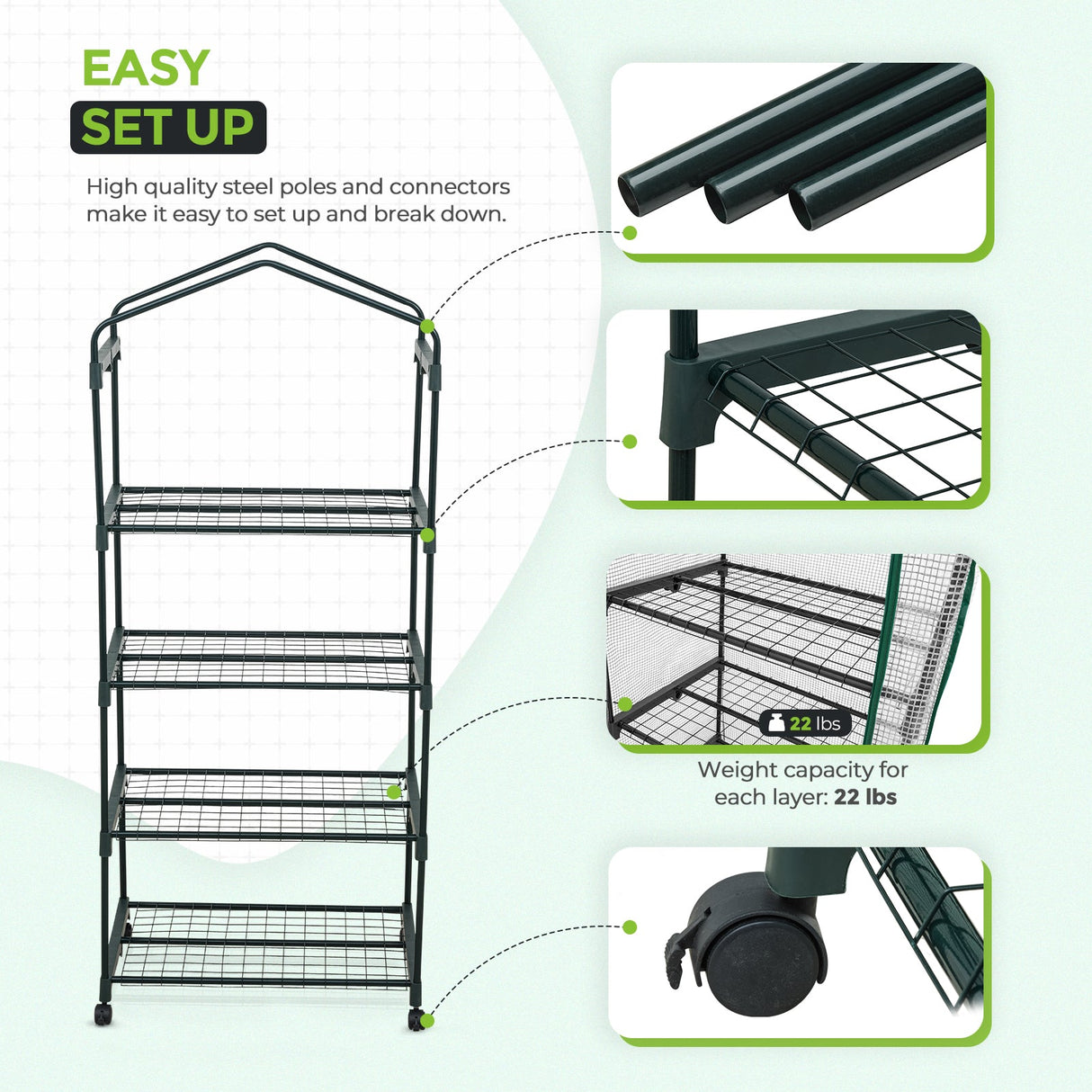 28”x 19”x 67” Mini Greenhouse with Wire Shelves,4 Tier, with Wheels - Eagle Peak Custom Canopy Tent