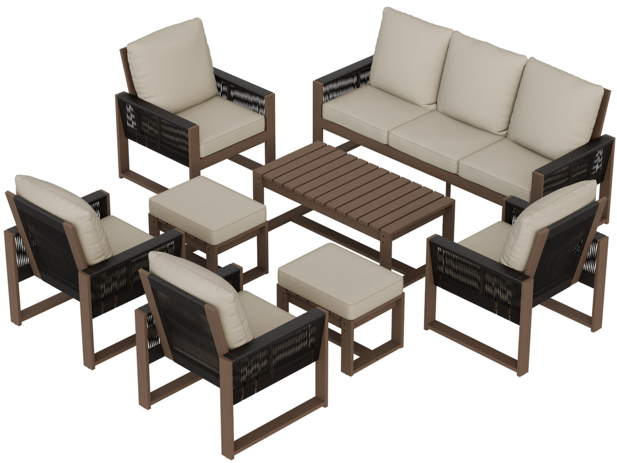 Natural Wood Outdoor Patio Furniture, Sofa 4 Patio Chairs 2 Ottomans and Coffee Table, 8 pcs