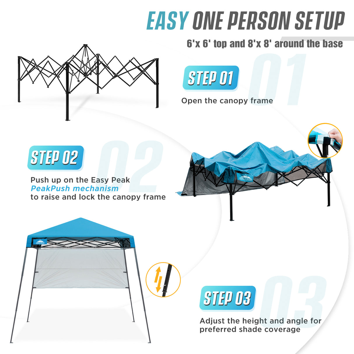 EAGLE PEAK 8x8 Pop Up Canopy Tent with Sidewall, 8x8 Base 6x6 Top